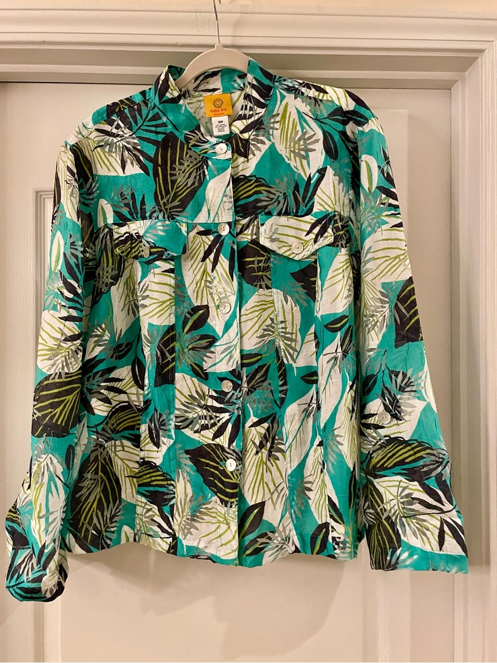 Ruby Rd Womens Teal Green Tropical Palm Burnout Roll Tab Sleeve Jacket Size 18W